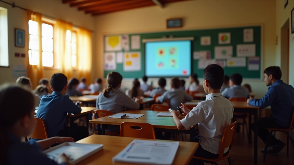 Taşlı bir köy yolunda, eski bir binada dijitalleştirilmiş sınıf, bilgisayarlar ve modern eğitim teknolojileri kullanılıyor