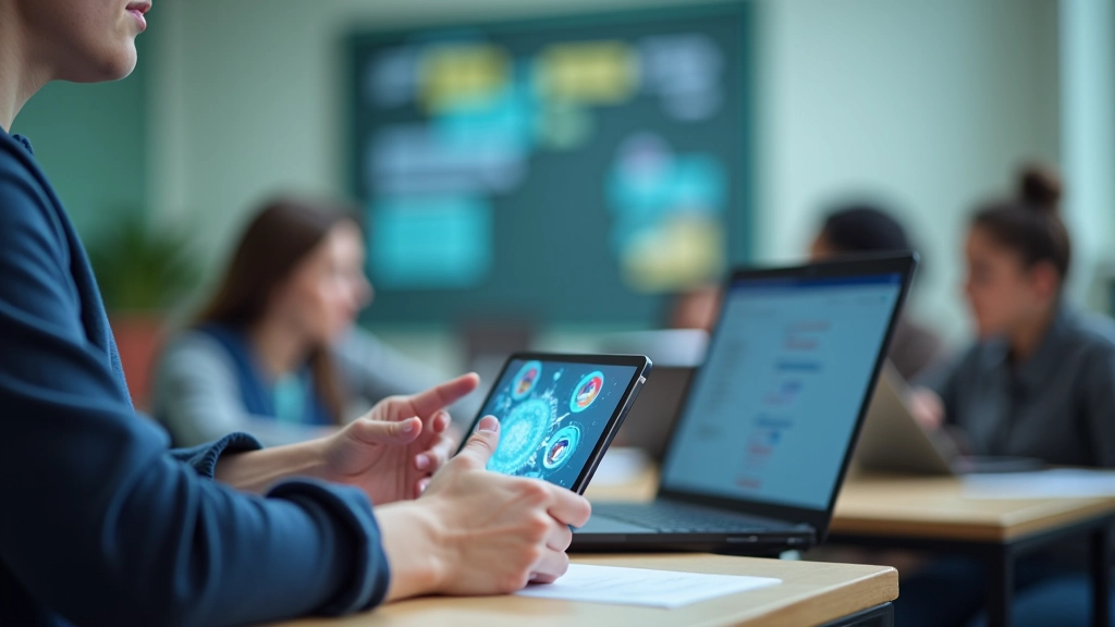 Öğretmen sınıfta teknoloji kullanıyor, eğitim yönetimi, dijital araçlar, profesyonel ortam
