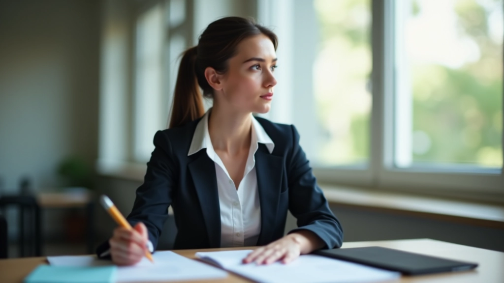 Bilgisayar ve kalem yanında düşünceli öğretmen portresi, masada eğitim materyalleri, doğal ışık