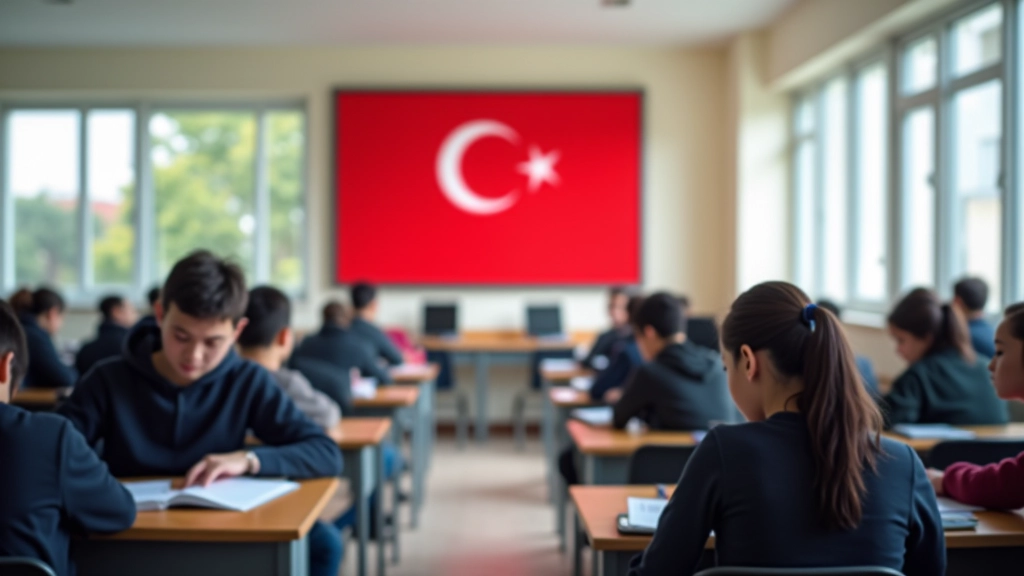 Lise sınıfında öğrenciler bilgisayarlar başında, Türk bayrağı, modern eğitim ortamı, güz ışığı