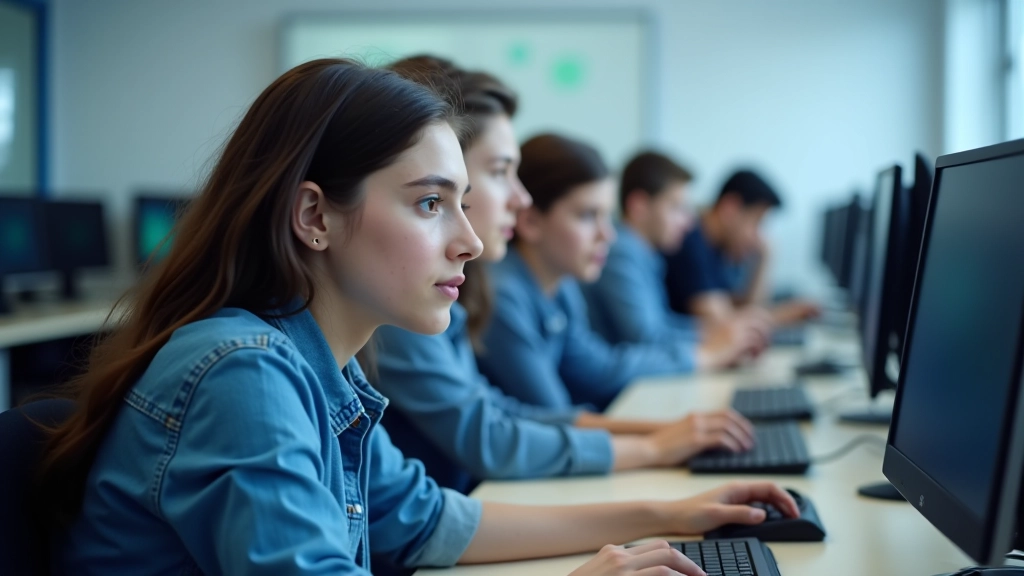 Lisede bilgisayar laboratuvarı, öğrenciler programlama ve teknoloji becerisi geliştirirken, modern ekipmanlar