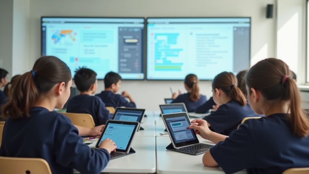 Modern sınıf ortamında tablet kullanan öğrenciler, akıllı tahta ve eğitim teknolojisi