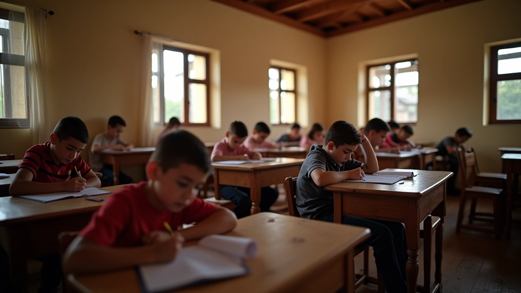 Kırsal bir okulda öğrenciler basit ahşap sıralar üzerinde ders çalışıyor, pencerelerden doğal ışık giriyor