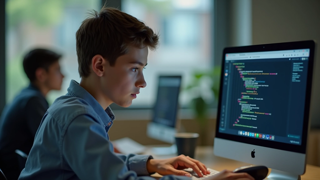 Öğrenci yazılım geliştirme ortamında çalışırken, ekranda kod yazıyor, konsantre ifade