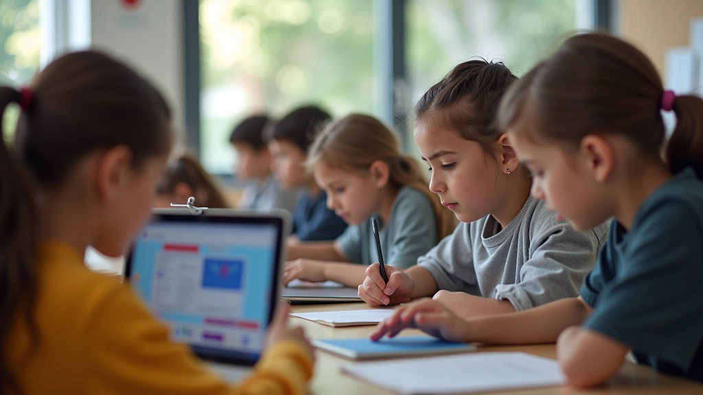 Tablet kullanan öğrenciler, akıllı eğitim uygulaması arayüzü, yapay zeka öğrenme sistemi, sınıf ortamı