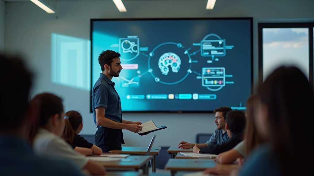 Bir öğretmen sınıfta uyarlamalı öğrenme yazılımını kullanarak ders anlatıyor, ekranda kişiselleştirilmiş öğrenme yolları gösteriliyor