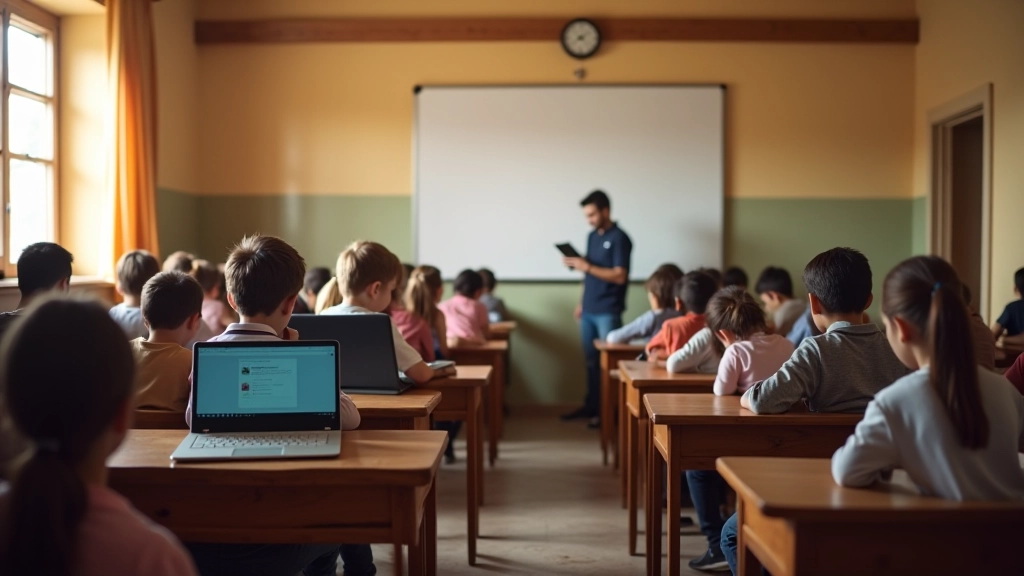 Anadolu köy okulu sınıfında öğrenciler bilgisayarlar ve tabletlerle çalışırken, ahşap masa ve pencereleri görülür