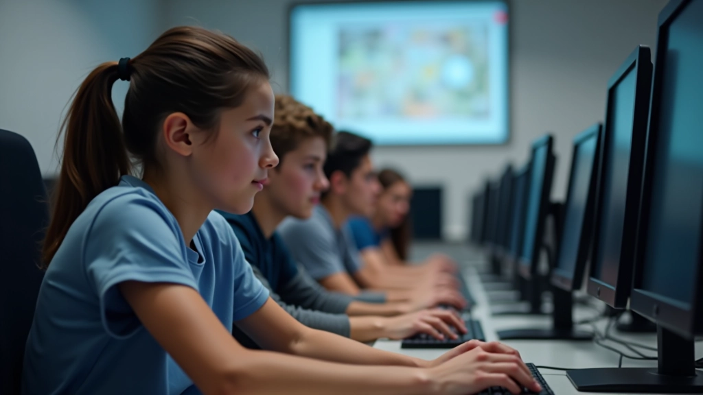 Gençler bilgisayar laboratuvarında, programlama dersi, teknoloji eğitimi, üniversite öğrencileri